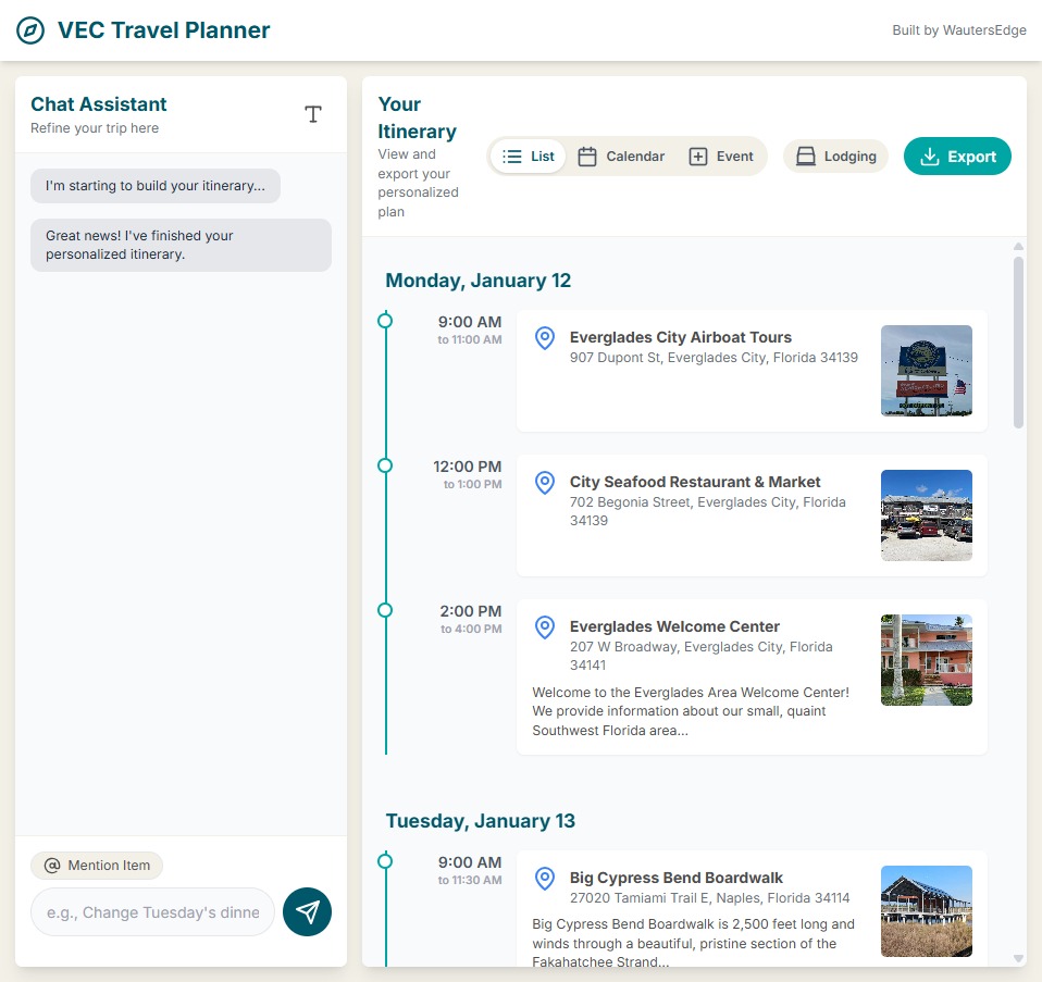 VEC Itinerary App for the Everglades