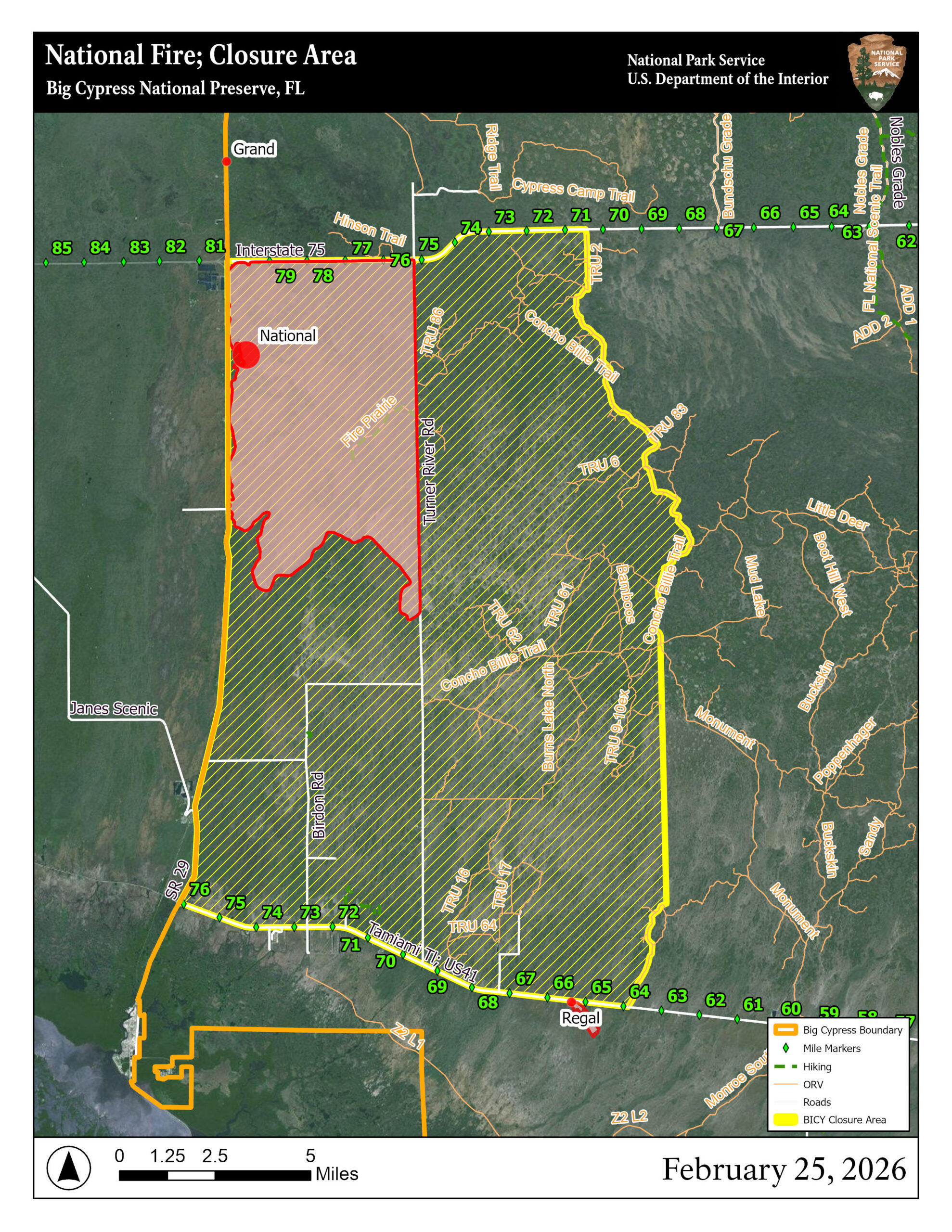 National Park Service map showing the National Fire closure area south of I-75 in Big Cypress National Preserve as of February 25, 2026.
